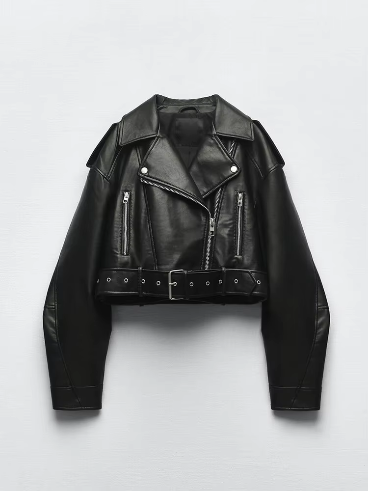 Ailegogo printemps automne femmes Faux cuir Pu veste courte avec ceinture moto motard femme fermetur