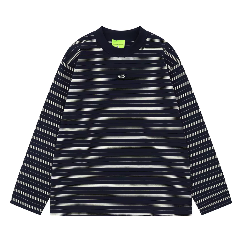 Rayé à manches longues T-shirt hommes broderie automne rétro décontracté col rond en coton T-shirt h