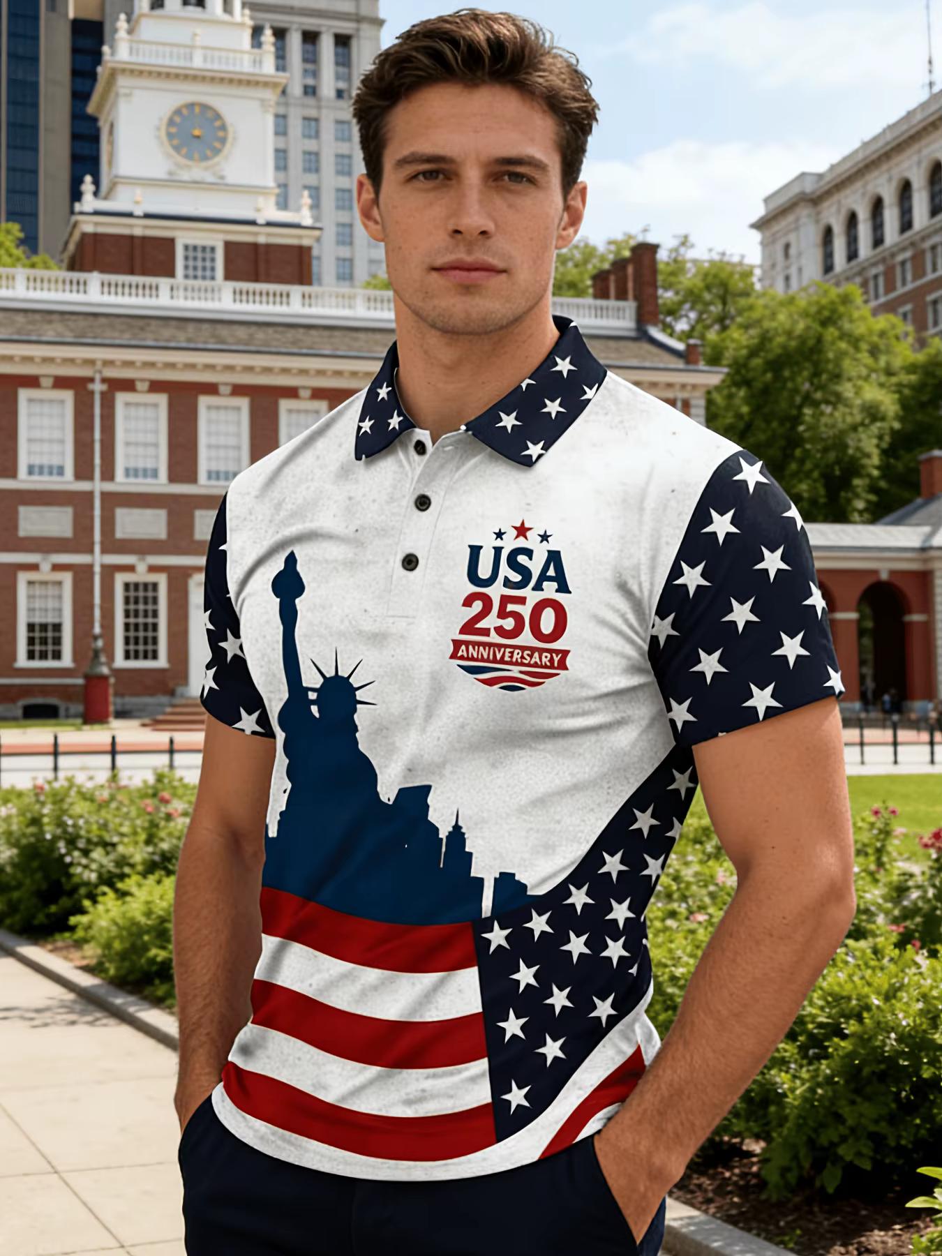 Polo rétro de style américain pour hommes, avec un design commémoratif du 250e anniversaire des État