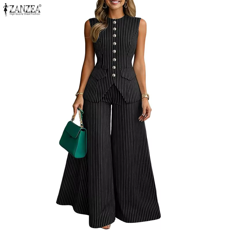 ZANZEA – ensemble 2 pièces pour femmes, débardeur sans manches et pantalon à jambes larges, rayé, te