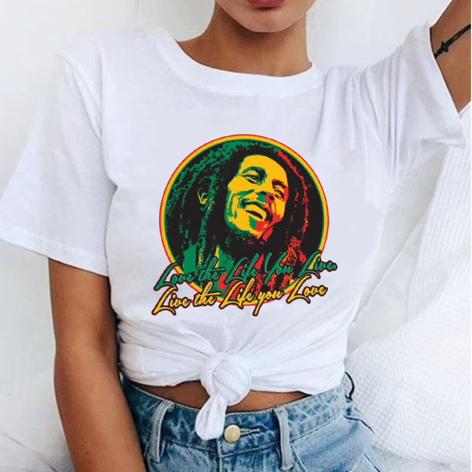 T-Shirt femme mode femme T-Shirt Bob Marley imprimé décontracté col rond mignon manches courtes haut