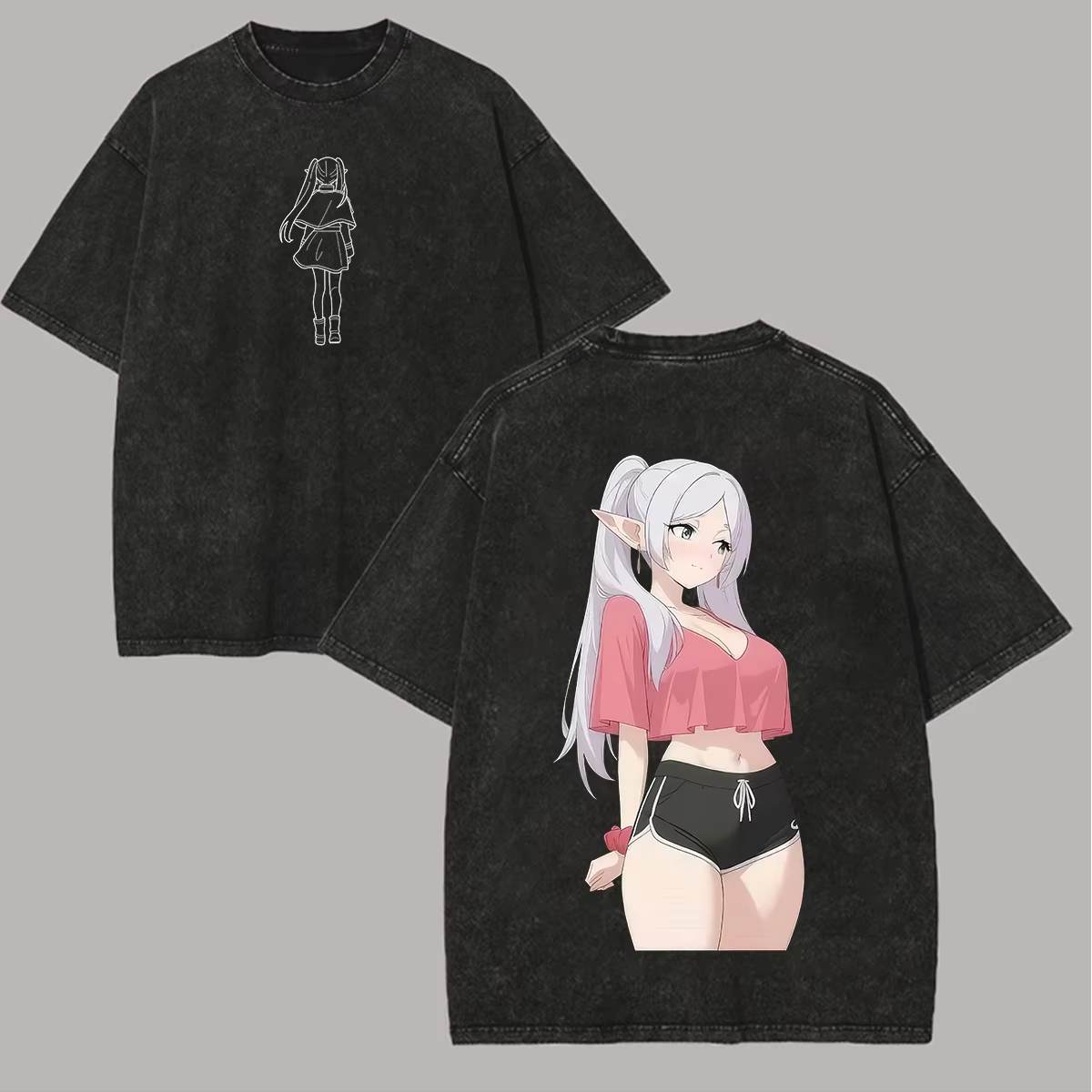 Anime Frieren graphique imprimé T-shirt mignon Kawaii mode lavé surdimensionné T-shirt à manches cou