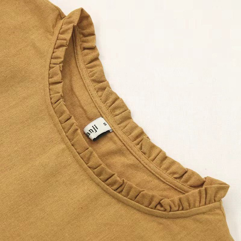 T-Shirt en Lin Rétro pour Femme, Décontracté, Col Rond, à Volants, Manches sulf, Printemps Automne