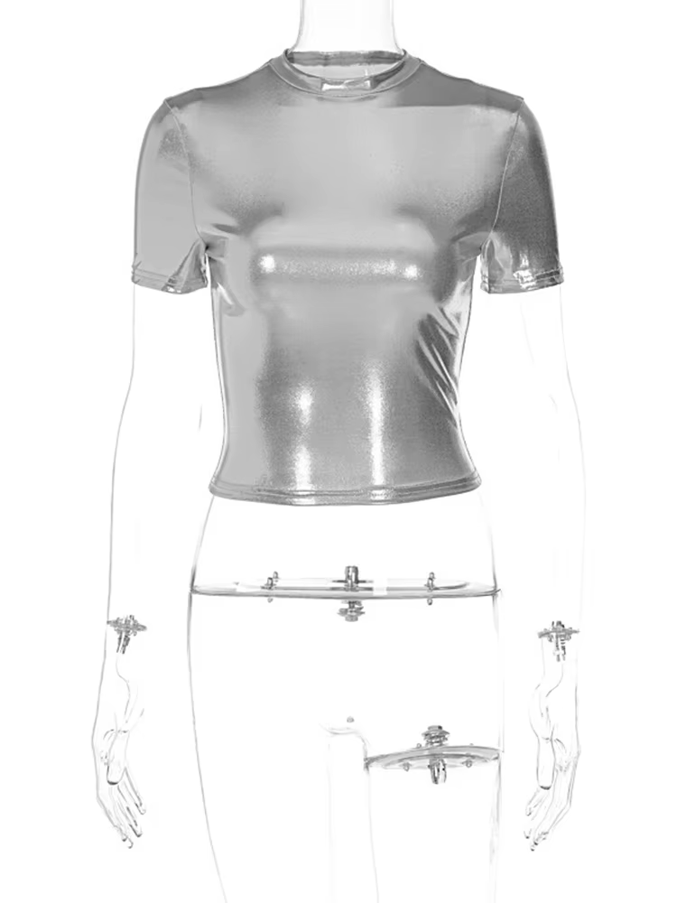 T-shirt à manches courtes en cuir monochromatique pour femmes, haut à col rond, t-shirts sexy, vêtem