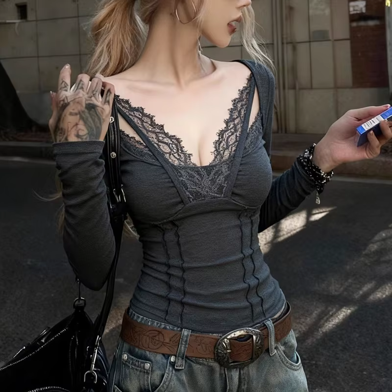 T-shirt court moulant sexy pour femme, manches longues, col en V, patchwork de dentelle, style Haraj