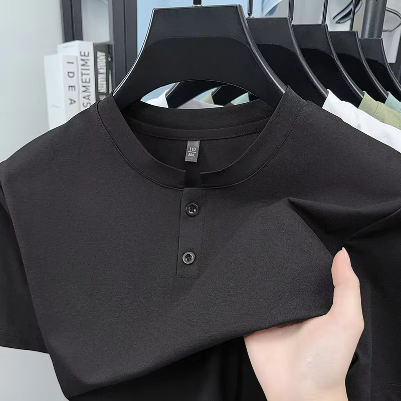 T-shirt à col Henley anti-rides pour homme, avec deux boutons, en tricot extensible doux, idéal pour