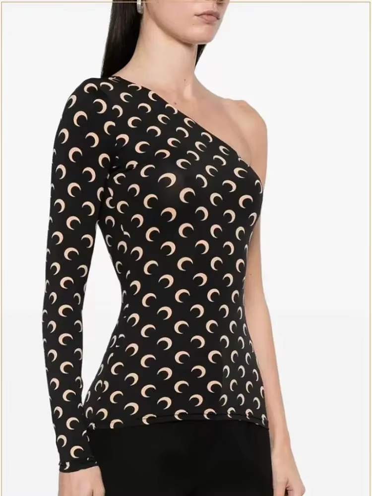 T-shirt coréen ajusté à imprimé lune pour femme, manches longues, style décontracté urbain, en tissu