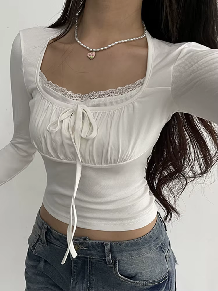 Bandage plis col carré haut court femmes Fairycore y2k blanc t-shirts basique tricoté élégant t-shir