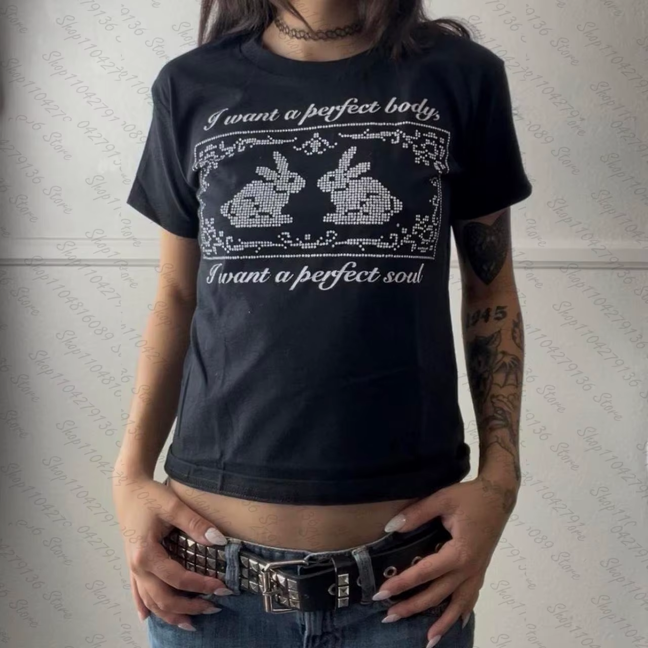 T-shirts imprimés lettres style punk pour femmes, coupe slim, style street punk, grunge, E-Girl, tra