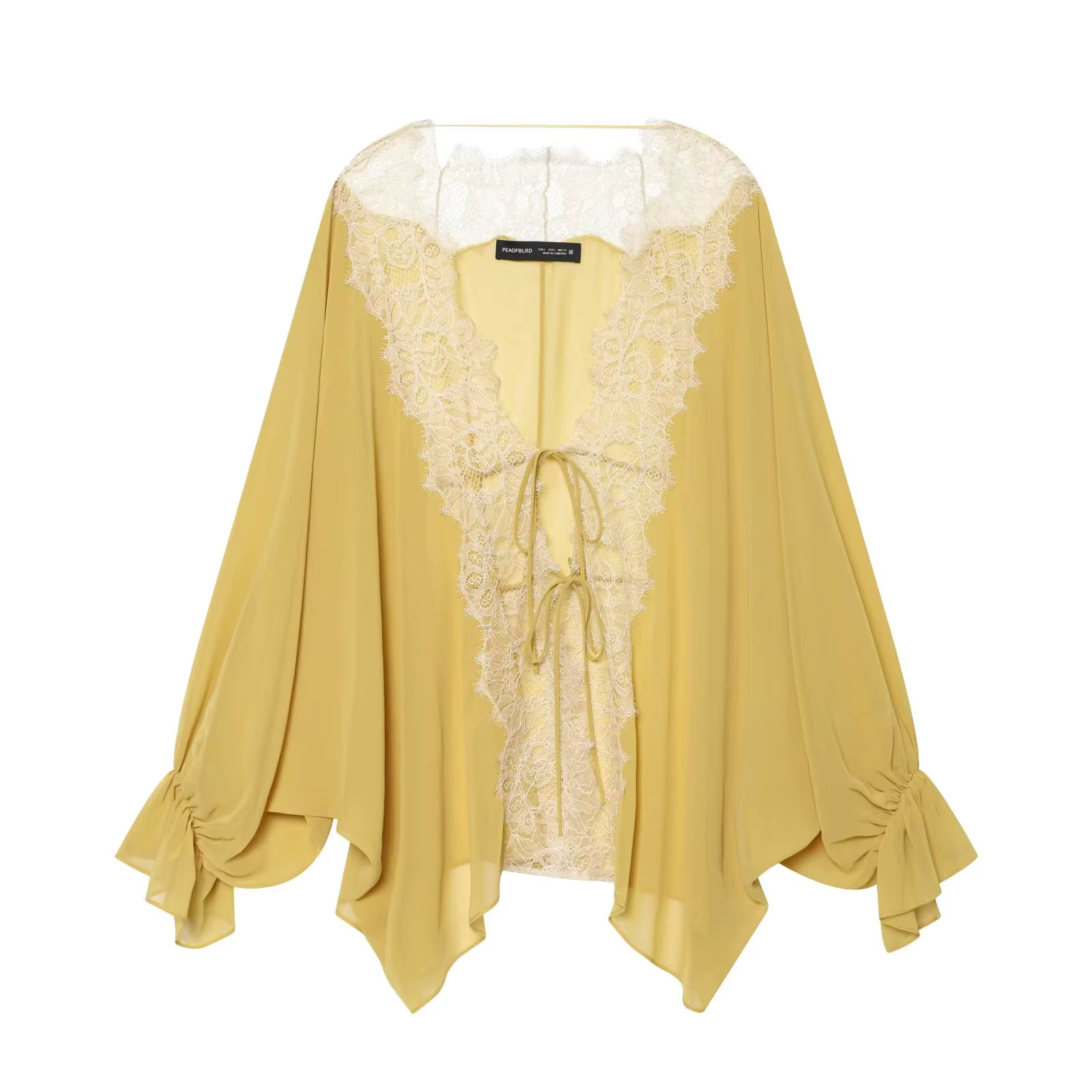 BSAY 2026 Blouse d'été pour femme, coupe ample, col en V, avec dentelle transparente, à nouer devant