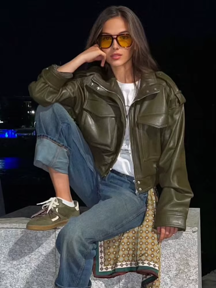 HH mode printemps femmes Faux cuir recadrée veste 2026 Vintage col rabattu fermeture éclair manches