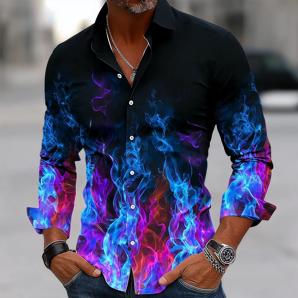 Hip Hop flamme impression chemise hommes Streetwear 2025 mode à manches longues hauts urbain à la mo