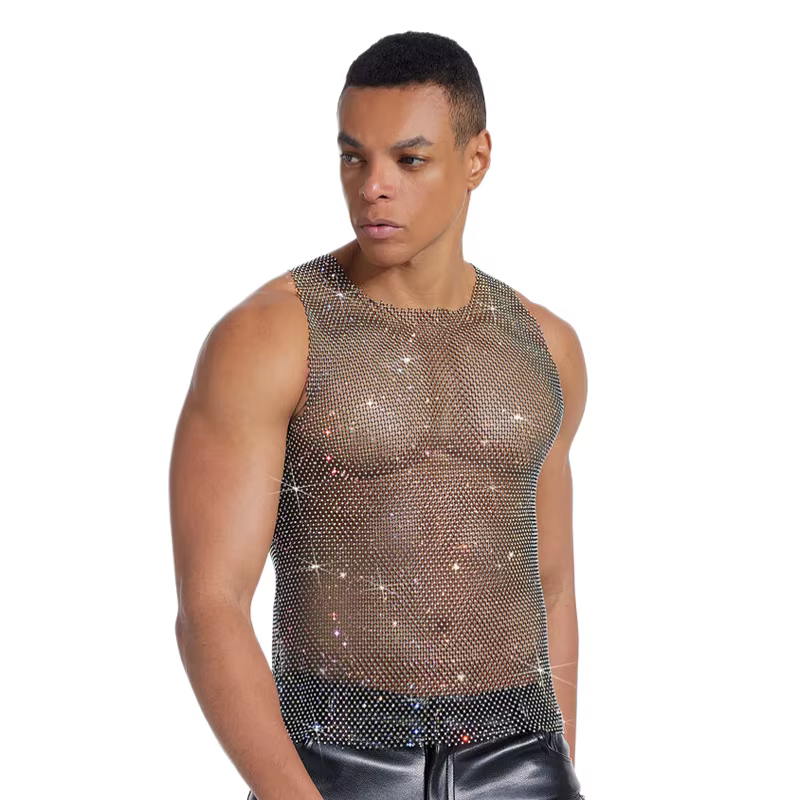 Débardeur en maille à strass scintillants pour homme, transparent, sans manches, pour clubbing et so