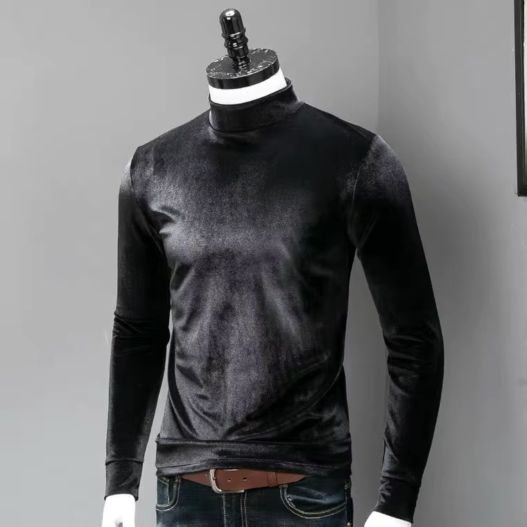 T-shirts en velours à col roulé pour hommes, manches longues, couleur unie, collection Printemps-Aut