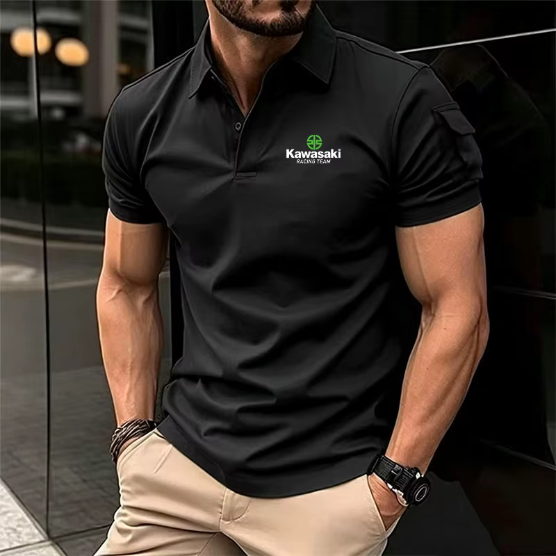 Polo uni noir pour homme, coupe ajustée style musculaire, avec poche latérale sur la manche, tissu r