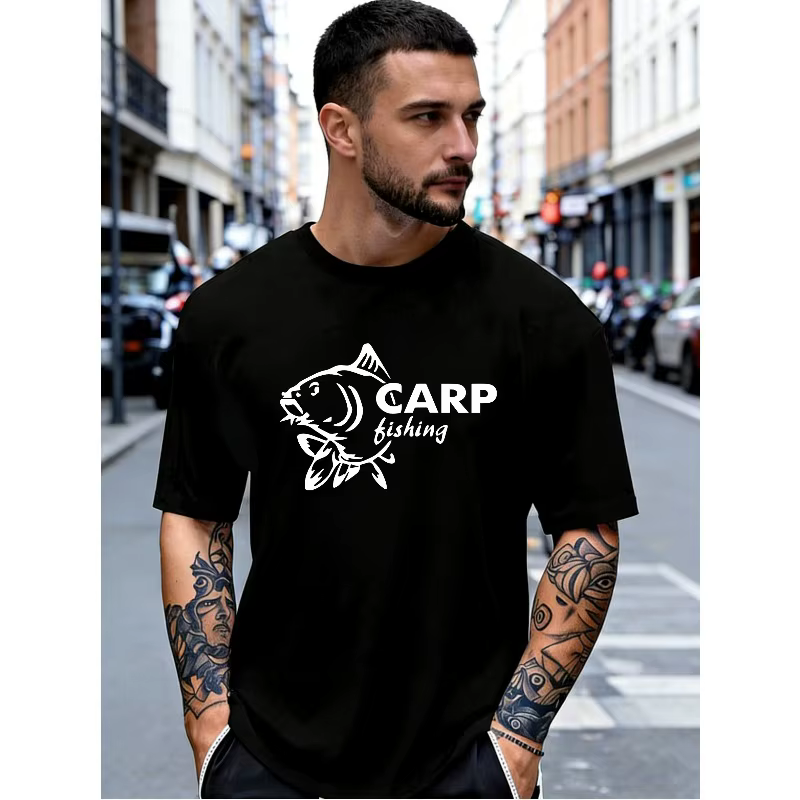 T-shirt tendance pour homme, motif minimaliste de carpe, imprimé lettres, col rond, manches courtes,