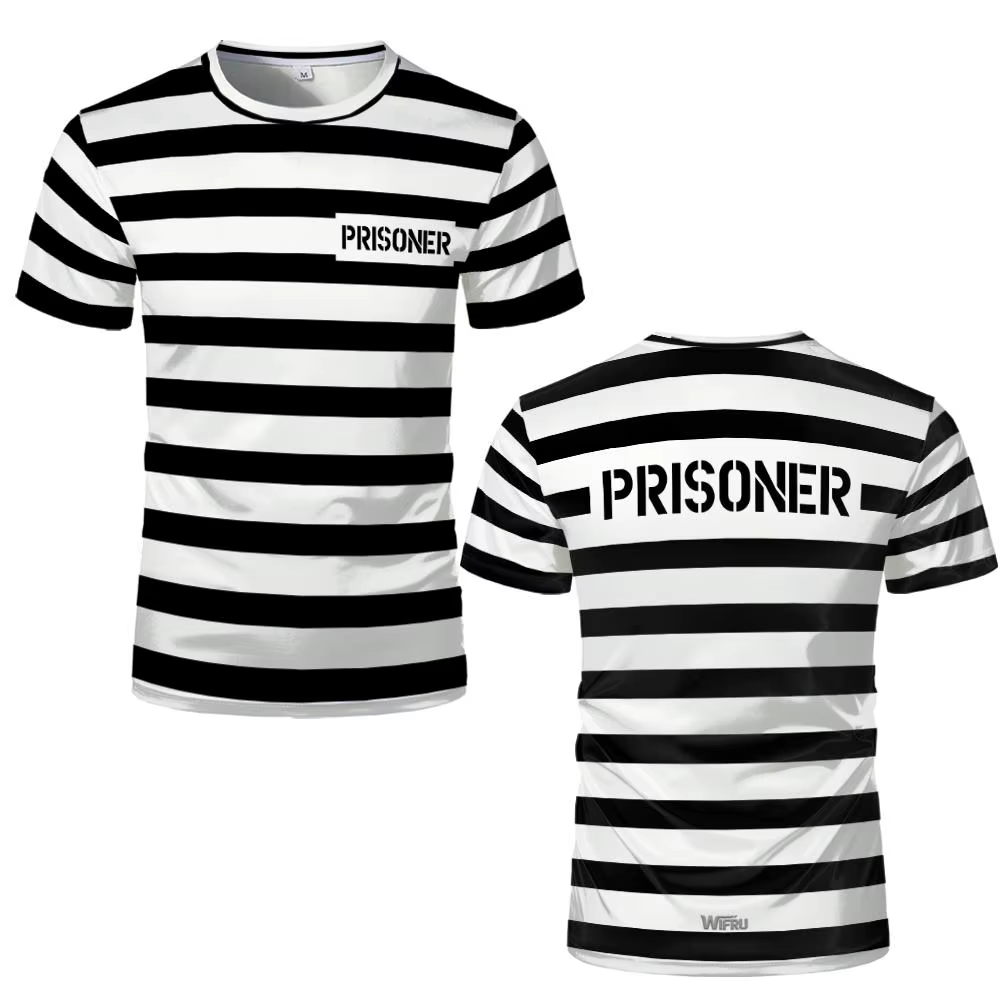 Abstract Prison uniforme style rayé imprimé T-shirt drôle jeu de rôle à manches courtes haut unisex