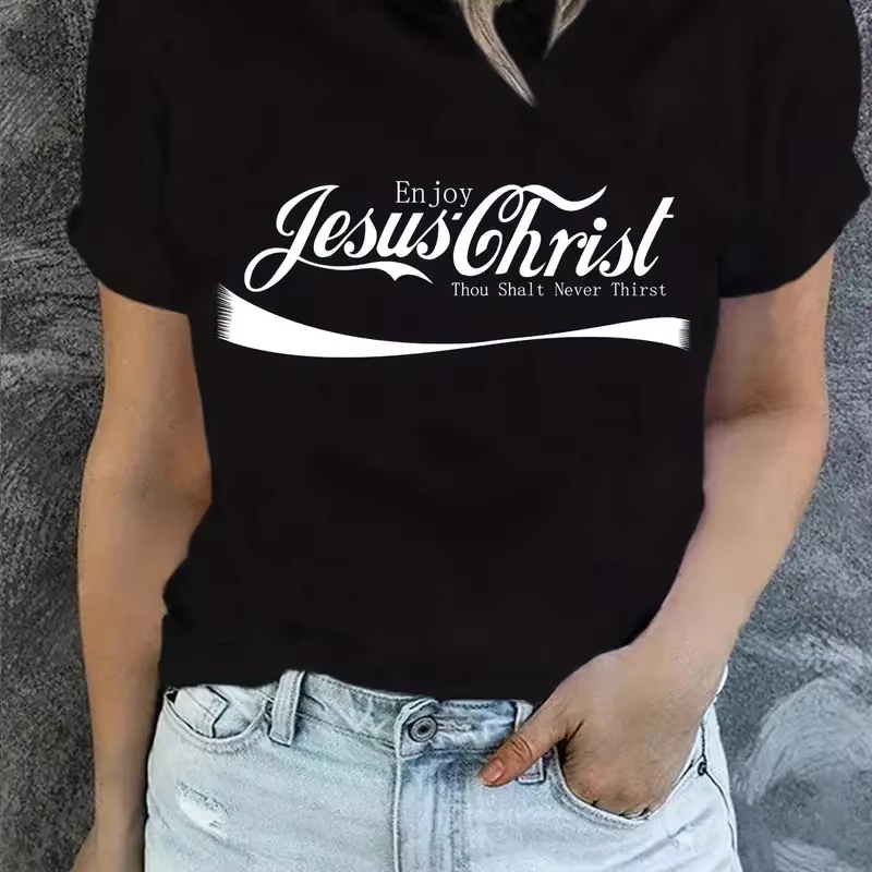 T-Shirt imprimé Jésus Enjoy Christ, haut décontracté à manches courtes et col rond pour le printemps