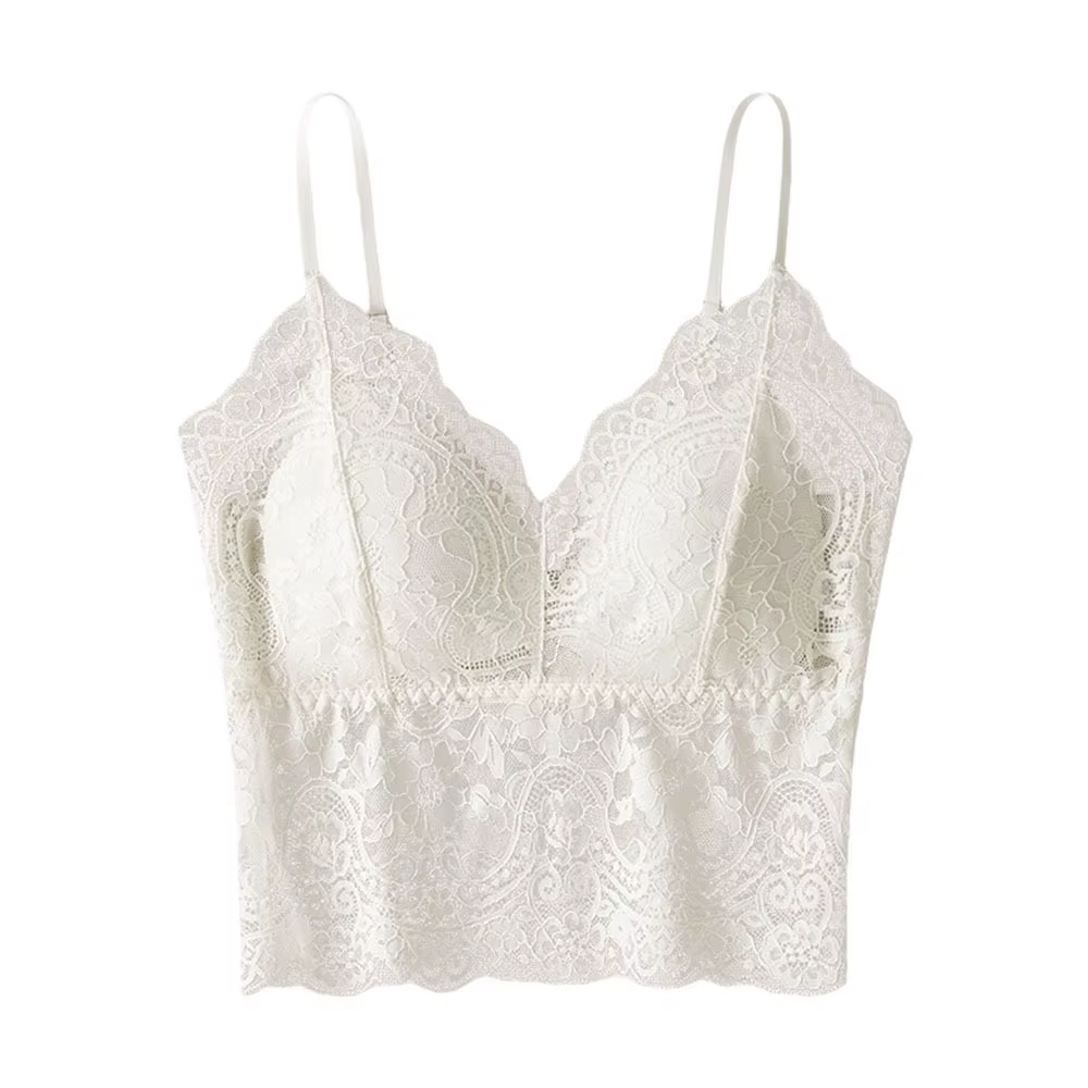 Débardeur court en dentelle française tendance avec coussinets intégrés, sans coutures, pour femme,