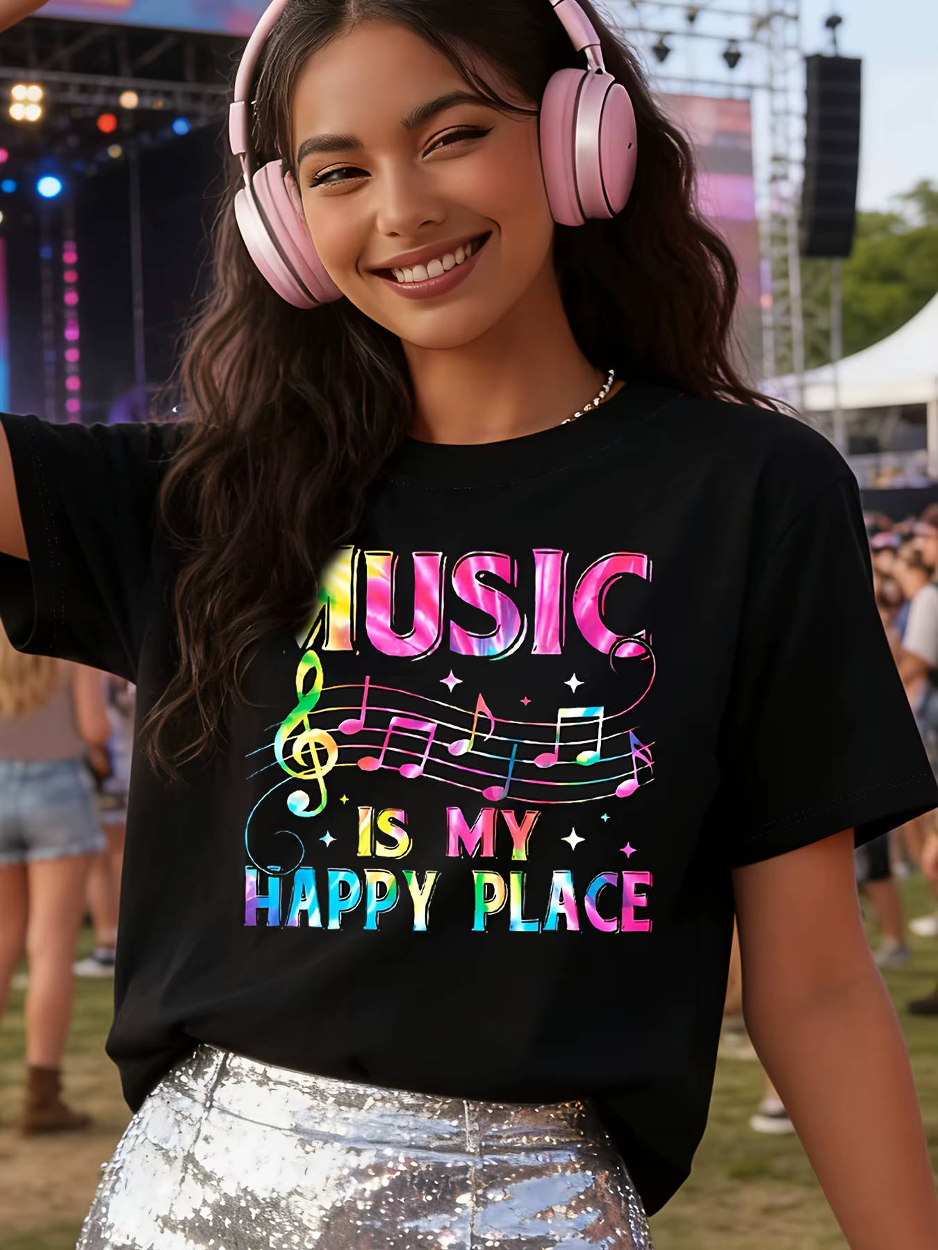 T-shirt pour femme Music Is My Happy Place - Motif musical coloré, haut noir décontracté