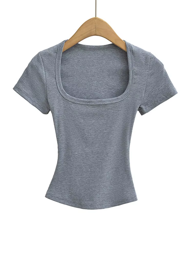Col carré haute Stretch été culture hauts femmes à manches courtes hauts Sexy pull sommets Blouses m
