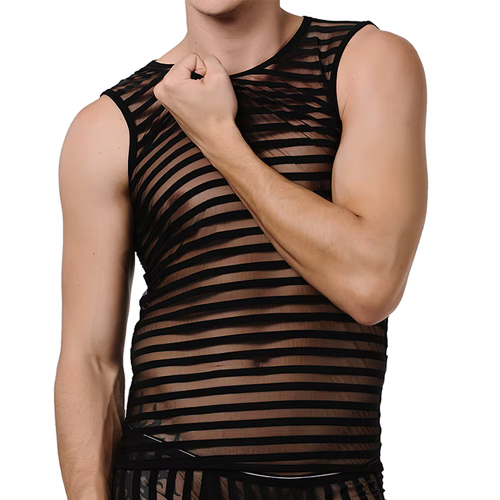 Débardeur Transparent à rayures noires pour hommes, sous-vêtement d'été sans manches, en maille, Sex