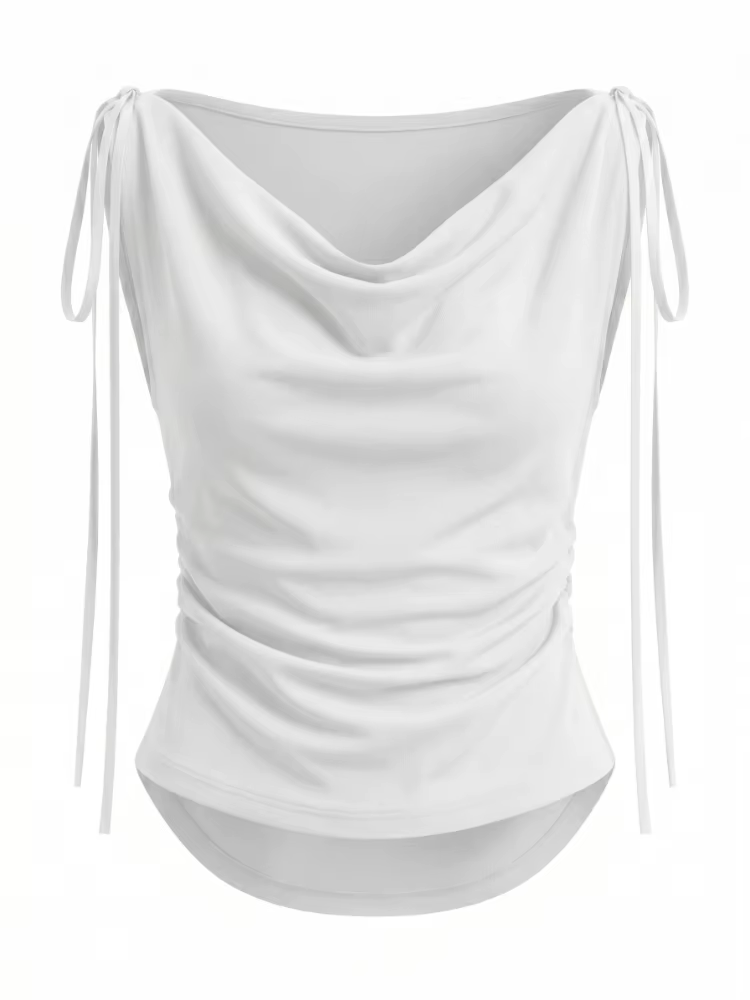 T-shirt femme blanc uni polyvalent à col bénitier Y2K, coupe ajustée, épaules dénudées, avec cordon 