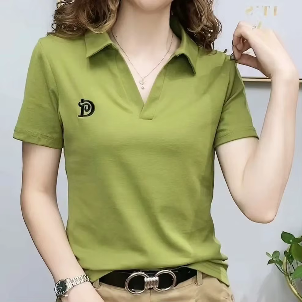 Polo t-shirt pour femmes à manches courtes nouvel été col en v lettre pull tricoté t-shirts femme vê