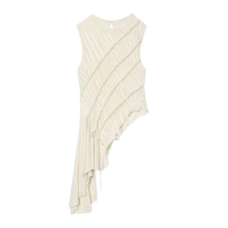 Haut pour femme, nouvelle collection été 2026, blanc, sans manches, froncé, asymétrique, décoratif, 