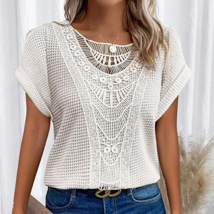 T-shirt élégant à manches courtes avec empiècements en dentelle, vêtements pour femmes, nouveaux mod
