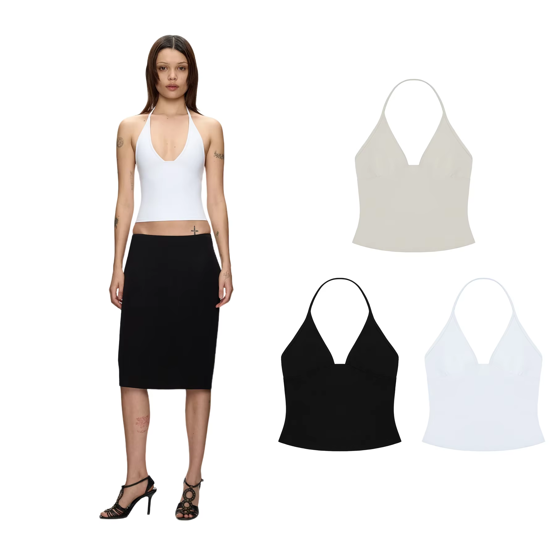 Débardeur pour femme à col licou, décolleté en V profond, style court, révélant la taille, amincissa