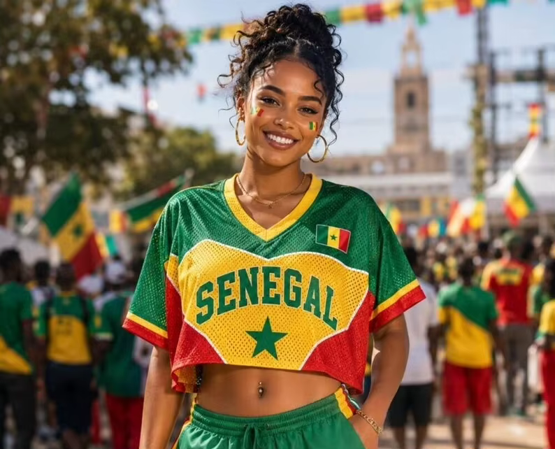 T-shirt court imprimé 3D aux couleurs du drapeau du Sénégal, style jersey, style Y2K Spicy Girl, sub