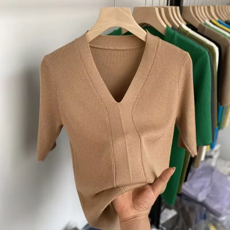 T-shirt à Manches Courtes et Col en V pour Femme, Slim et Décontracté, Couleur Unie, Vert, Été 2025