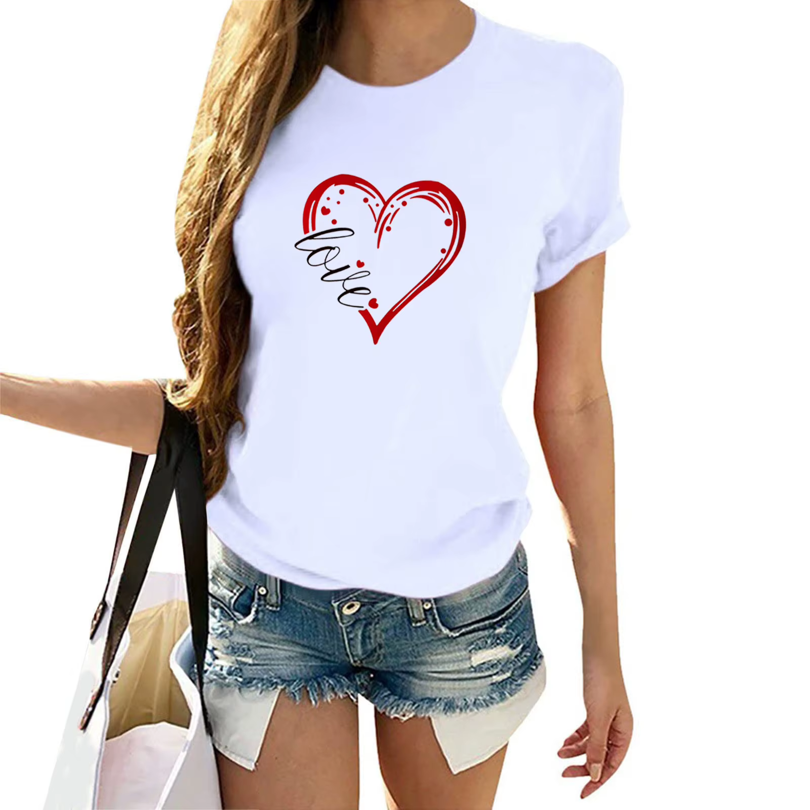 Amour coeur imprimé Couple t-shirt à manches courtes col rond lâche amoureux t-shirt femmes hommes t