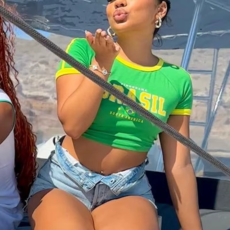 2024 Rétro Rue Esthétique Bébé T-shirt Femmes Vert Brésil Lettres Imprimé Récolte Hauts Décontracté 