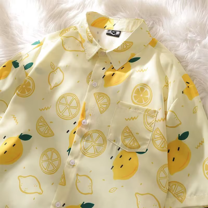 Plage demi manches chemise hommes été nouveau japonais rétro décontracté ample citron imprimé revers