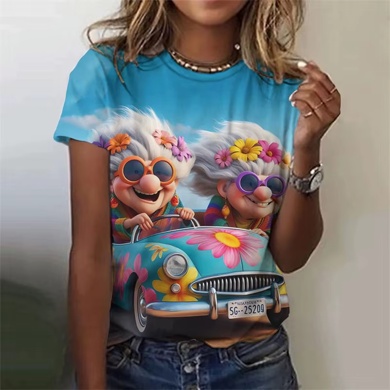 T-Shirt manches courtes col rond femme, ample, tendance, motif grand-mère, personnalité de dessin an