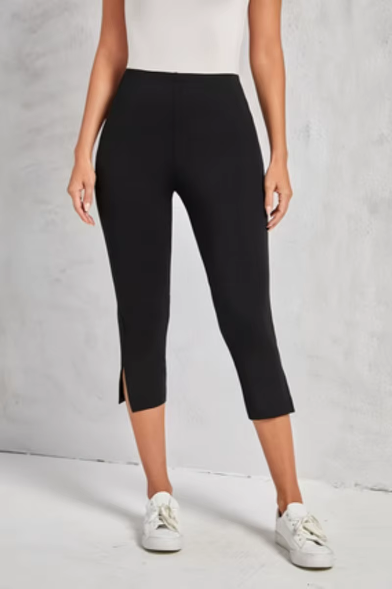 Pantalon noir taille haute fendu pour femmes, mode sept-huitième