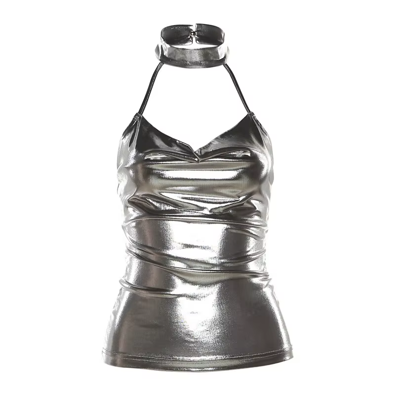 Haut en cuir verni argenté brillant pour femme, licou fin, caraco dos nu en Y, tube féminin, glaçure