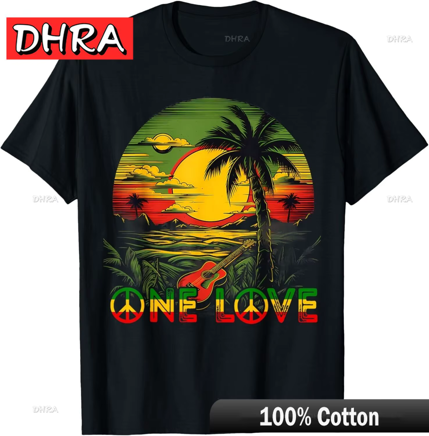 Reggae musique guitare Rasta fierté jamaïque Rasta Reggae coucher de soleil T-Shirt frais Chic Edgy