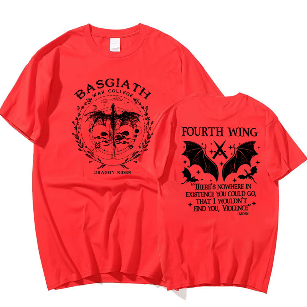 Basgiath War College T-Shirt imprimé sur 2 côtés Chemise à quatre ailes Dragon Rider Tee Violet Sorr