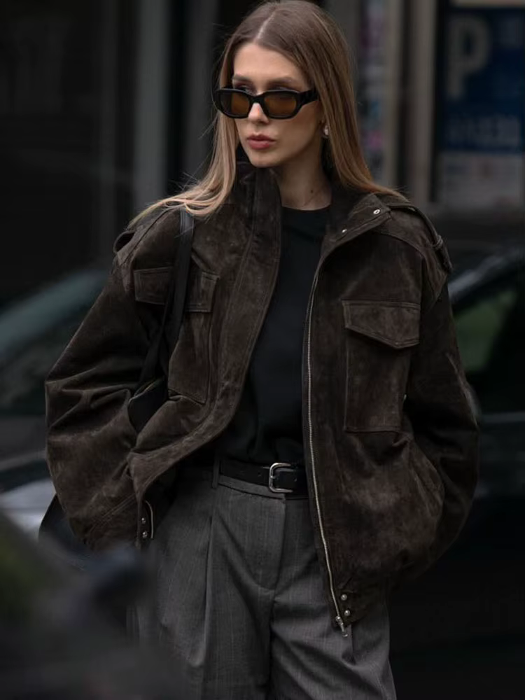HH femmes rue décontracté solide daim pardessus vestes col montant fermetures éclair manteaux amples