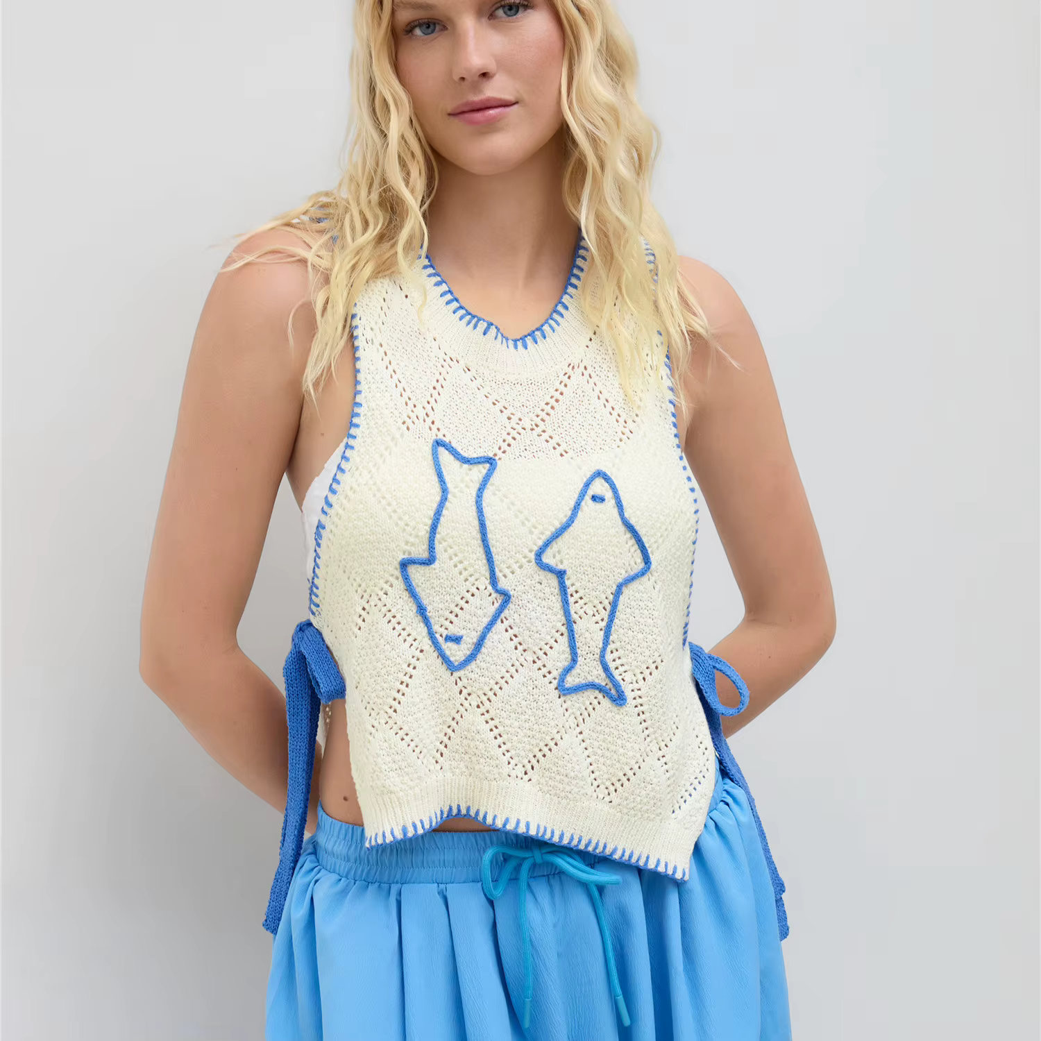 Femmes mignon graphique pull gilet Y2K léger sans manches tricot gilet hauts côtelé Crochet pull pul