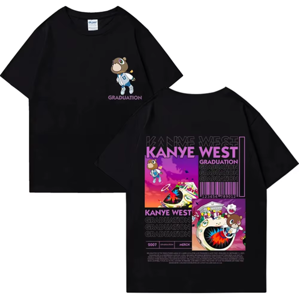 Nouveau T-shirt Kanye West 2026 avec imprimé double face Ours de la Graduation, T-shirt unisexe à ma