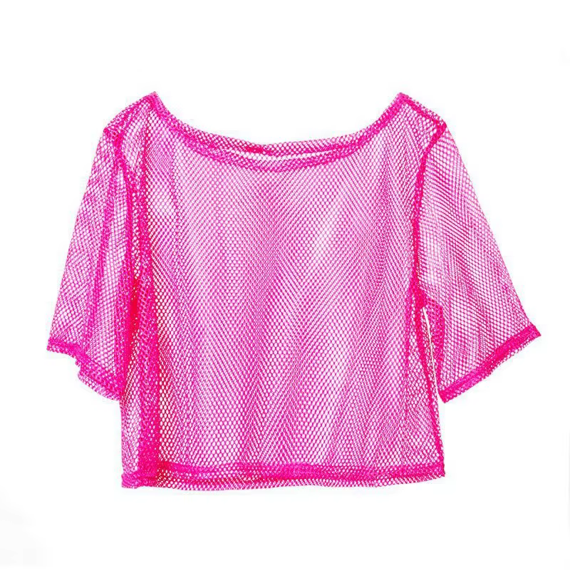 T-shirt en maille pour femme style disco des années 80, couleur unie, col rond, manches trois-quarts