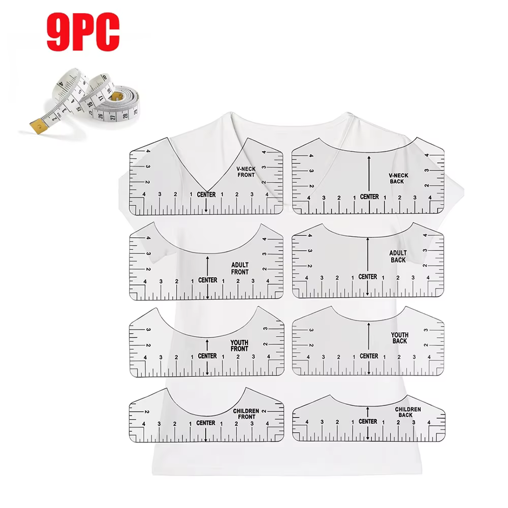 9 pièces/ensemble règles de T-Shirt au Center, Guide de règle de T-Shirt avec tableau de taille pour