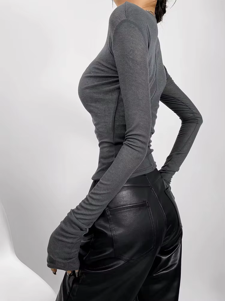 T-shirt semi-transparent à manches longues et col rond pour femme