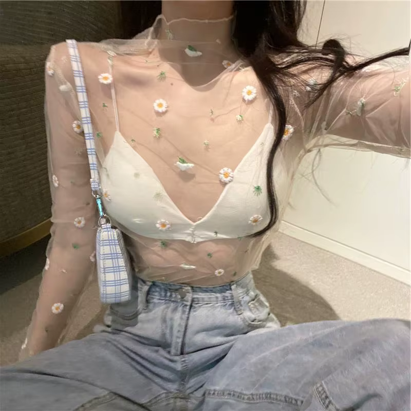 T-shirt manches longues femme, court et transparent, en maille, avec motif floral