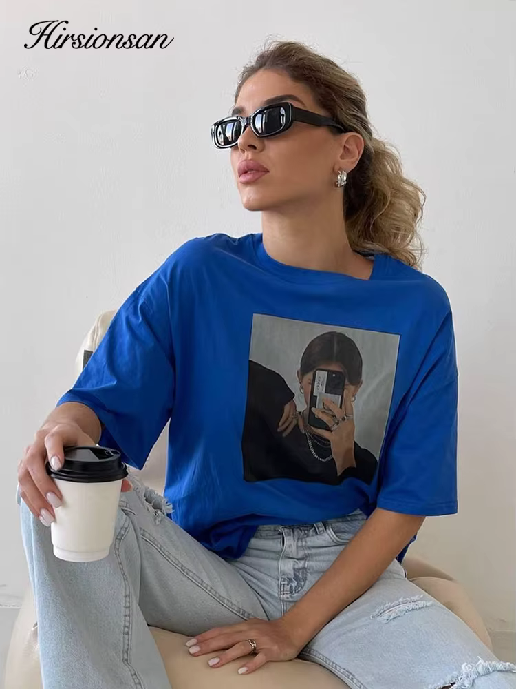 Hirsionsan – t-shirt imprimé Harajuku pour femme, haut décontracté, ample, à manches courtes, surdim