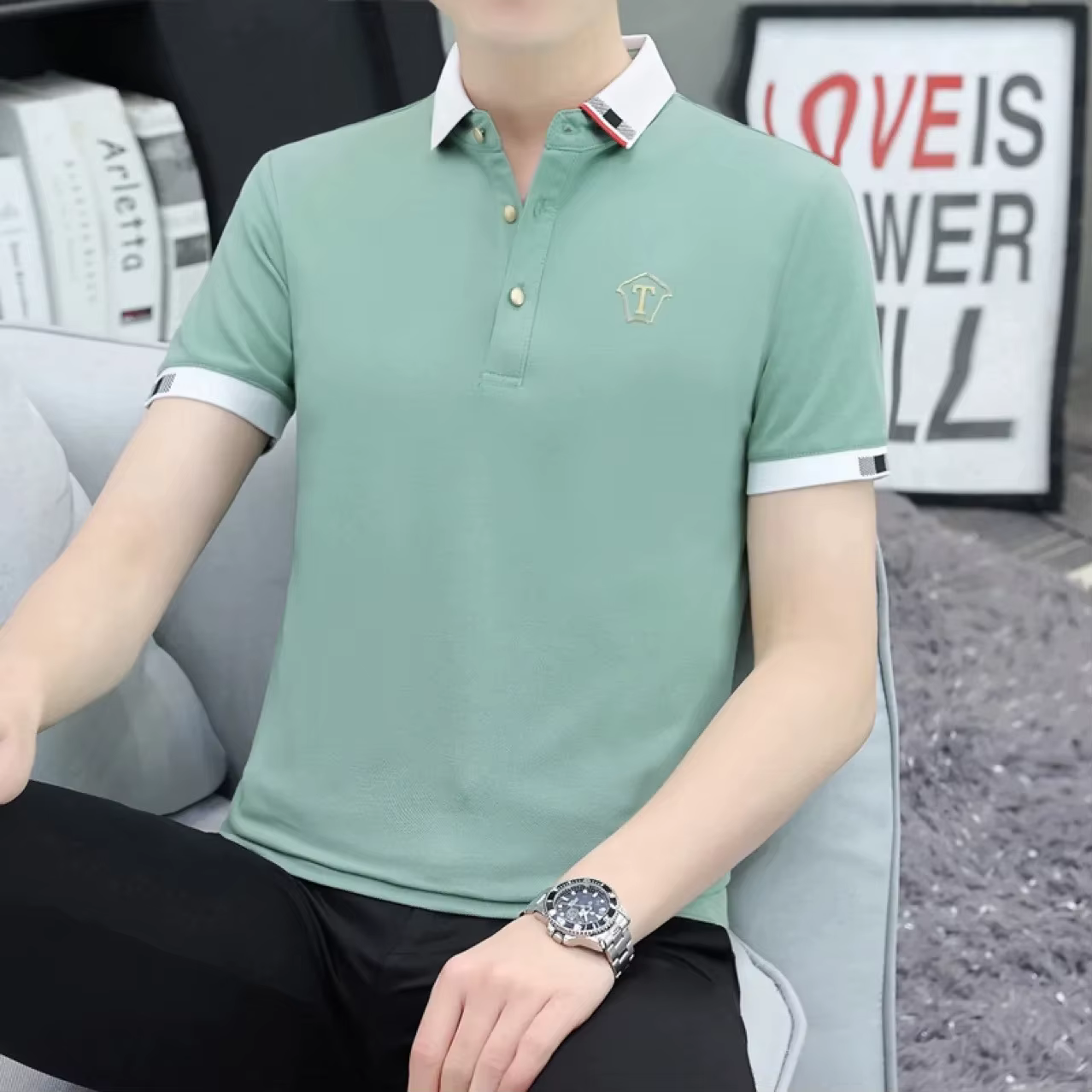 Polo d'été à manches mi-longues pour hommes, respirant, à revers fin, décontracté, pour affaires, po